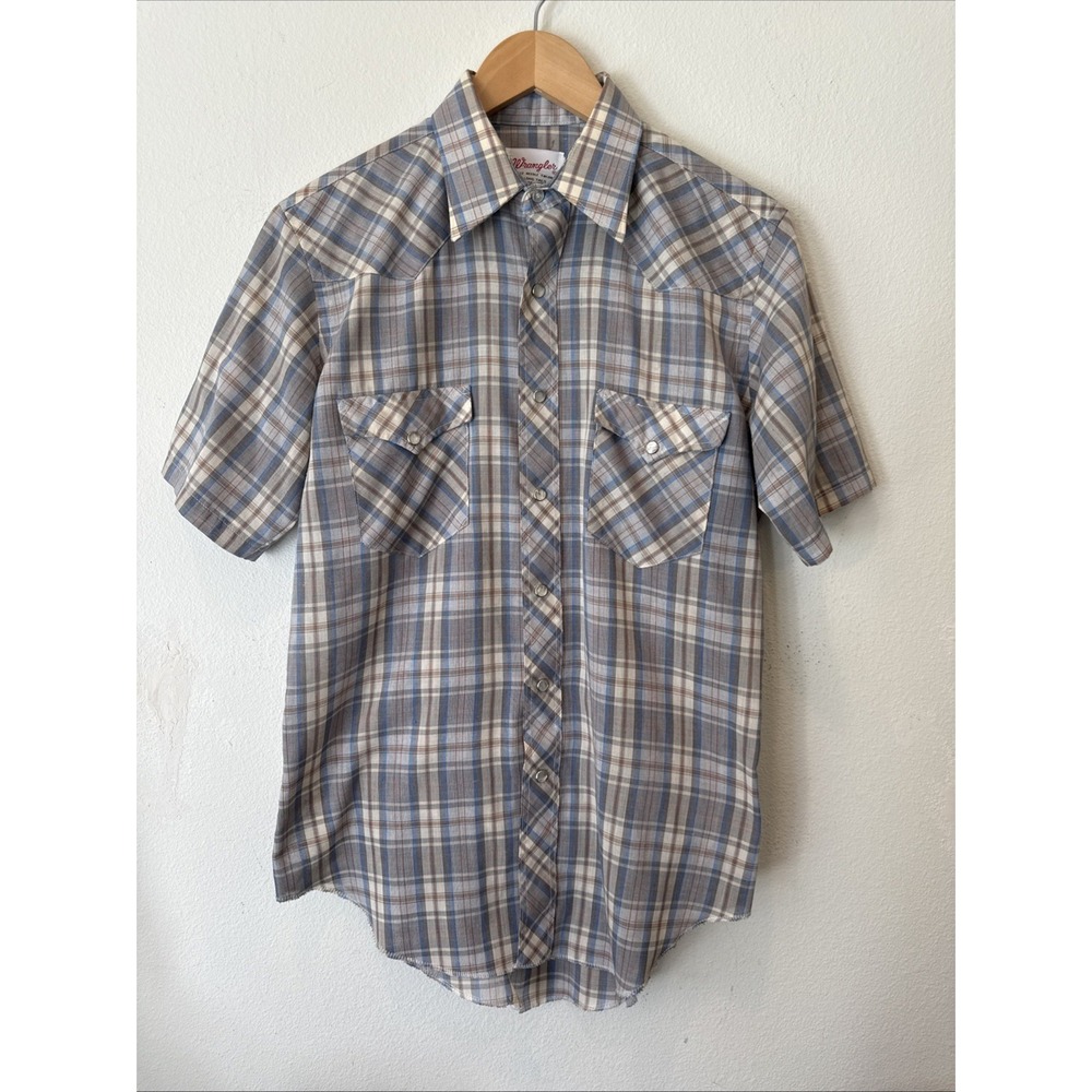 Wrangler Western Plaid Short Sleeve Pearl Snap Shirt Gray Mens Medium USA Made